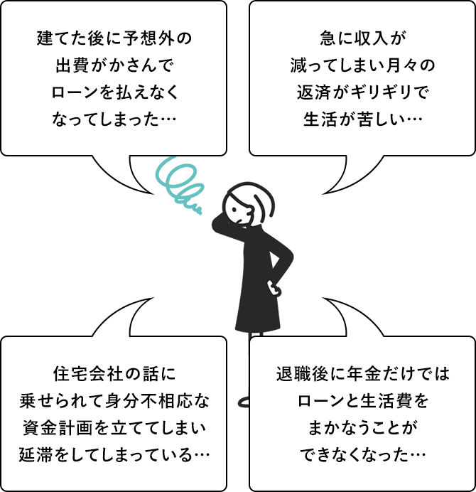 建てた後に予想外の出費がかさんでローンを払えなくなってしまった…急に収入が減ってしまい月々の返済がギリギリで生活が苦しい…住宅会社の話に乗せられて身分不相応な資金計画を立ててしまい延滞をしてしまっている…退職後に年金だけではローンと生活費をまかなうことができなくなった…