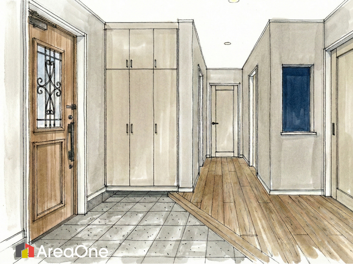 POINT02<br />
▼家事ラク×生活感ゼロ。生活感を見せない「2方向」の動線計画<br />
玄関から「リビング」へも「ランドリー」へも直行できる回遊動線を採用。買い物帰りの荷物運びや、帰宅後の手洗い・着替えにかかる移動のムダをカットしました。さらに、来客者の視線を計算して扉を配置することで、生活感を上手に隠しながら、常に「オシャレな空間」をキープできる、機能美あふれる住まいです。