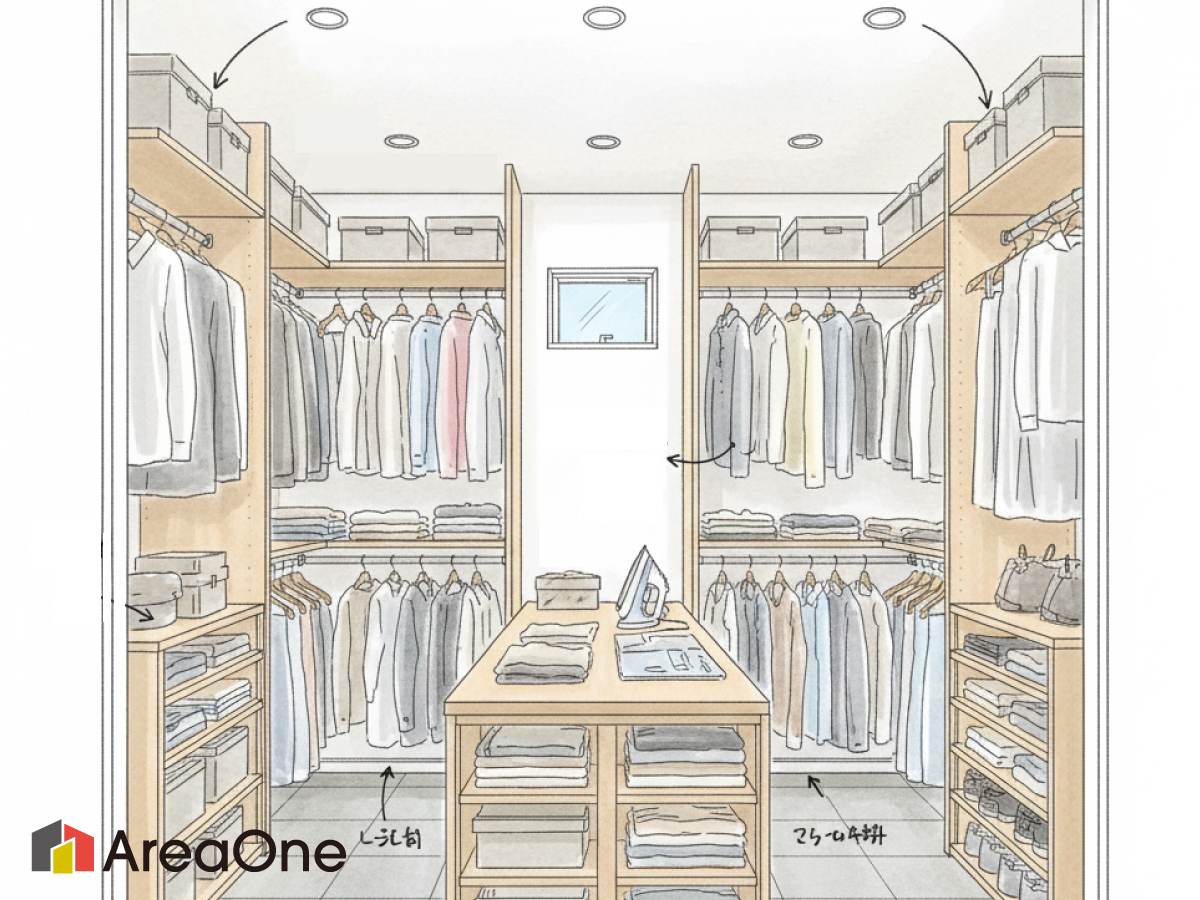 POINT03<br />
▼圧倒的な収納力！荷物まるごとカバーで整う暮らし<br />
家族全員の衣類をまとめて収納できる、約4帖の広々【ファミリークローゼット】や、玄関をすっきり保つ【シューズクローク】を採用。さらに、階段下のデッドスペースやキッチン横など、「欲しい場所」に棚付き収納を配置しました。日用品から趣味の道具まで、出し入れしやすく散らかりにくい住まいが叶います。